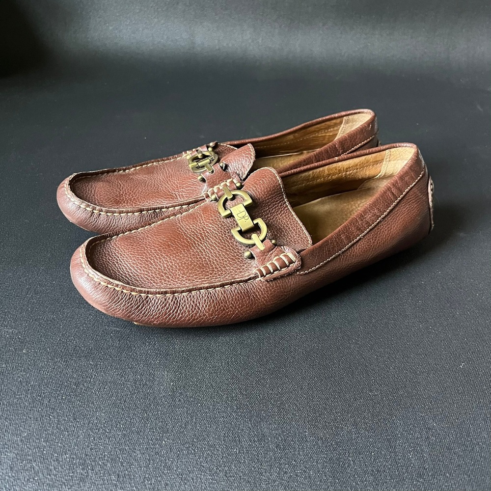 Donald J Pliner Brown Pebble Grain Leather Bit Driving Loafers Shoes Men's 10.5